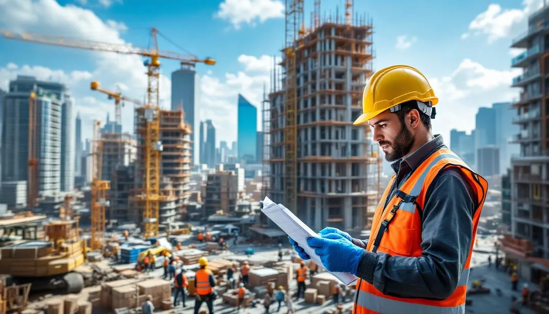یک مهندس عمران در حال بررسی نقشه‌ها در یک کارگاه ساختمانی فعال، نمایانگر نقش مهندسی عمران در پروژه‌های ملکی.