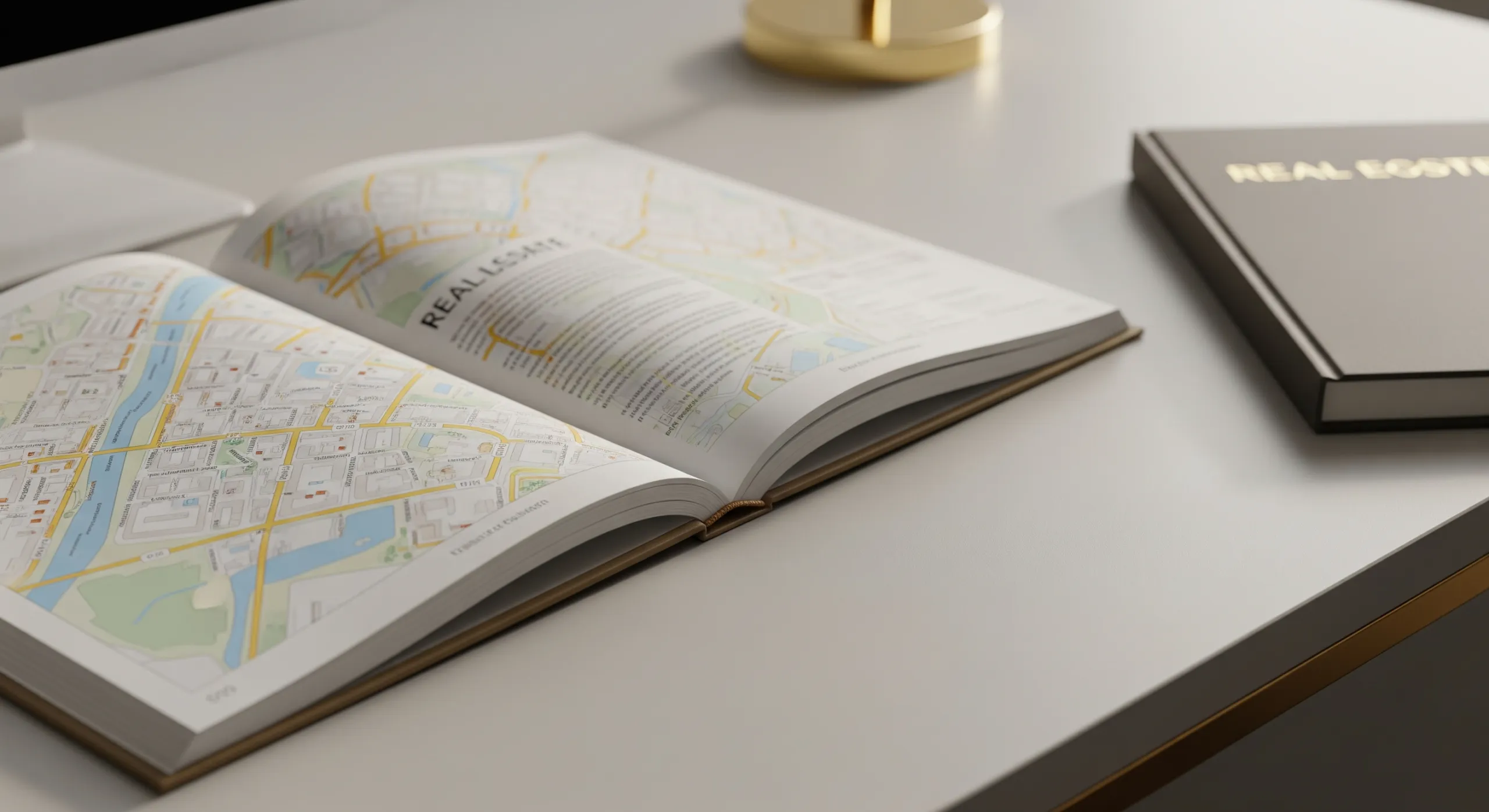 کتابچهٔ راهنمای محله با نقشههای دقیق، باز روی یک میز.
