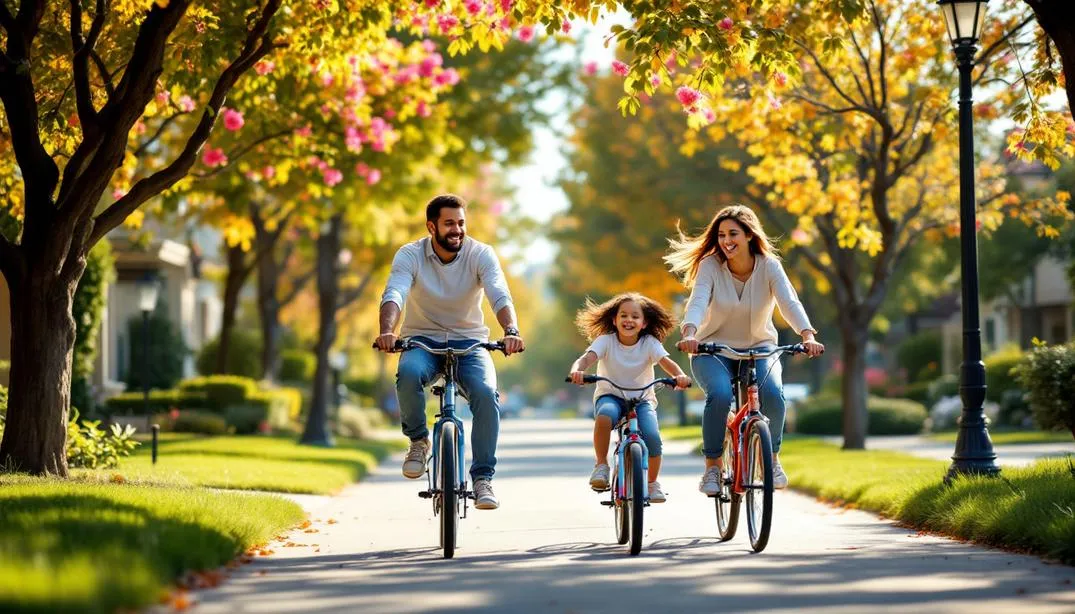 Ali Shariat | Real Estate Group | Why Live in Woodbridge Families biking along tree-lined paths in Woodbridge neighborhood