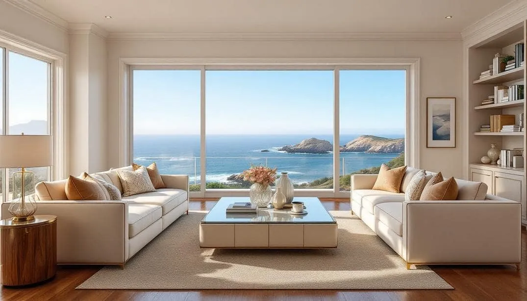 Ali Shariat | Real Estate Group | La Jolla: Luxury Coastal Living at Its Finest La Jolla features an elegant coastal living room with large windows showcasing breathtaking views of the ocean and rocky shoreline.