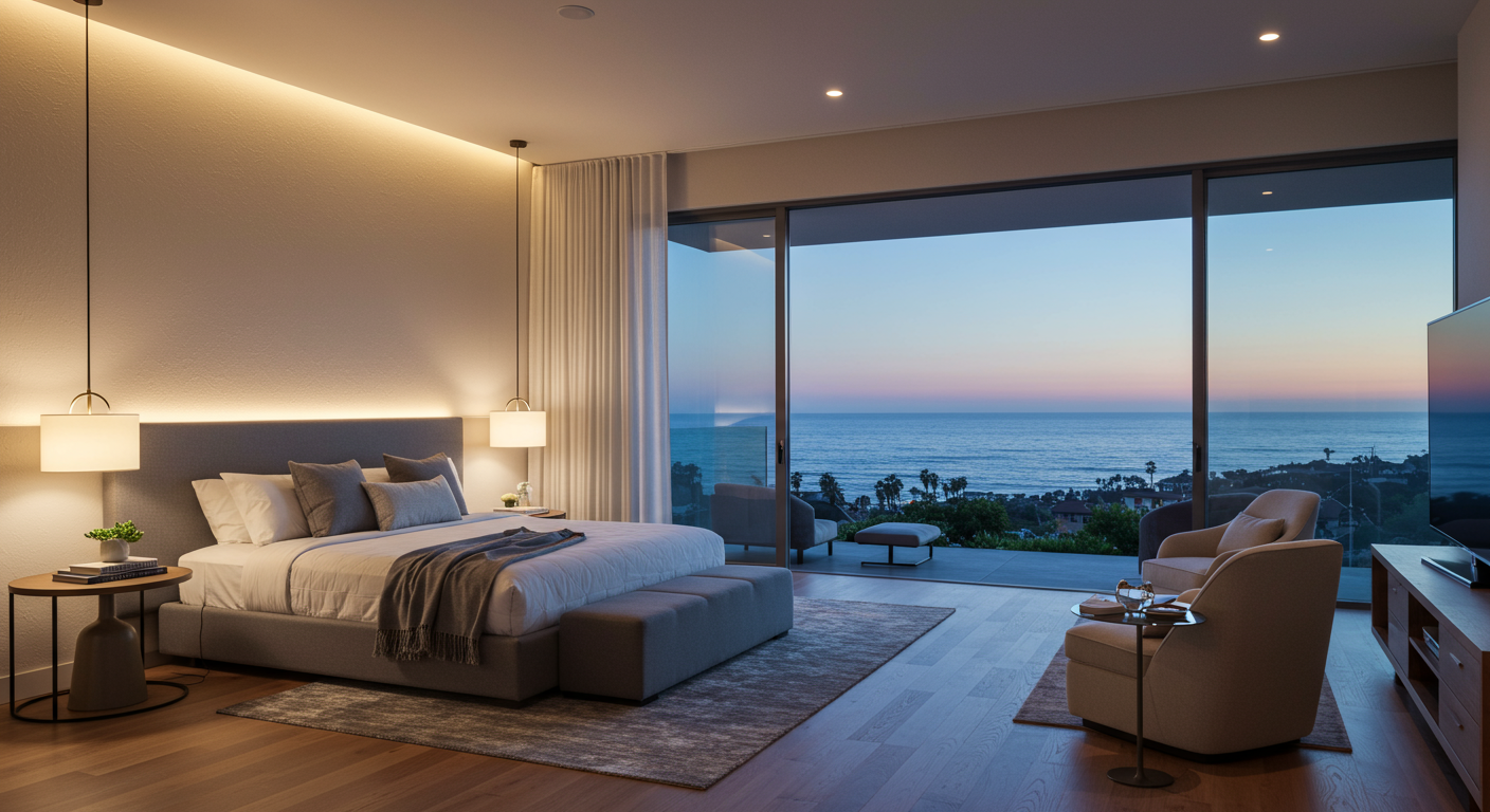Ocean-view bedroom enhanced with circadian lighting in Corona Del Mar, CA for wellness-focused living.