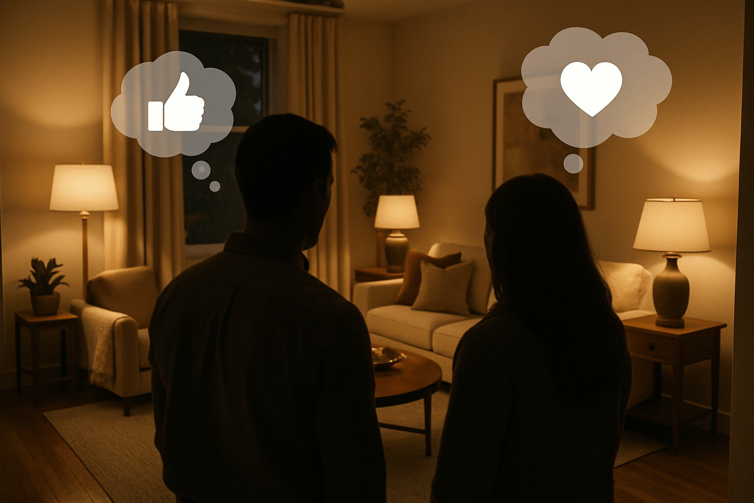 Couple evaluating a furnished home with like and love icons.