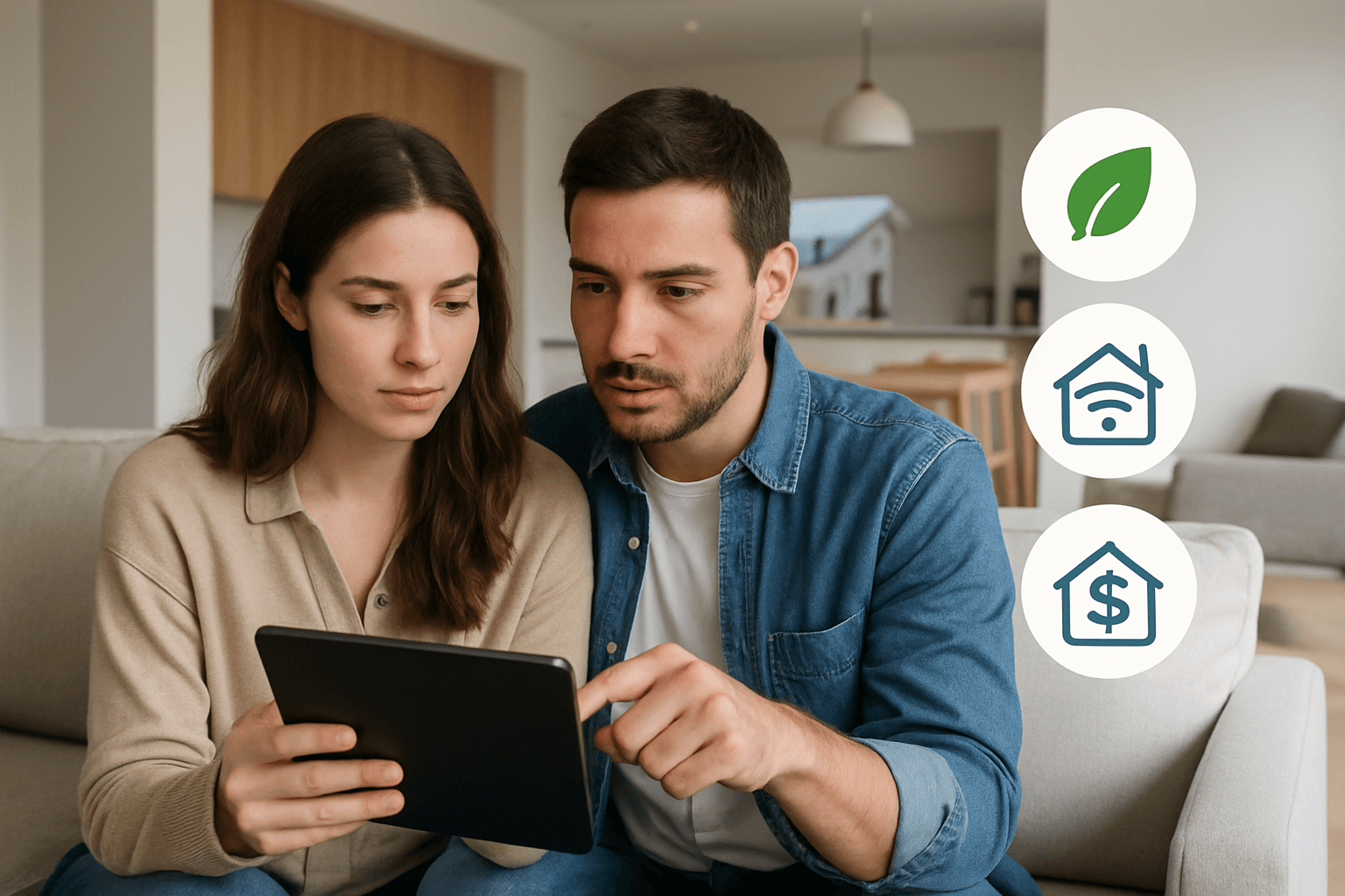 Couple analyzing smart and eco-friendly home features on tablet.