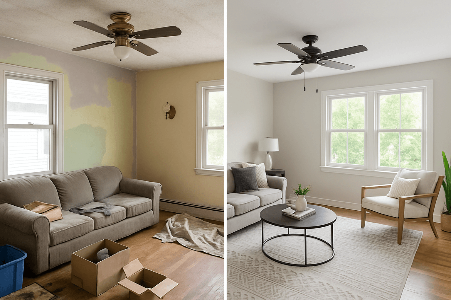 Side-by-side view of a living room before and after renovation. The left side shows an unfinished space with patchy paint and moving boxes, while the right reveals a polished, modern room with coordinated furniture and decor, reflecting the value-added impact of home improvement.