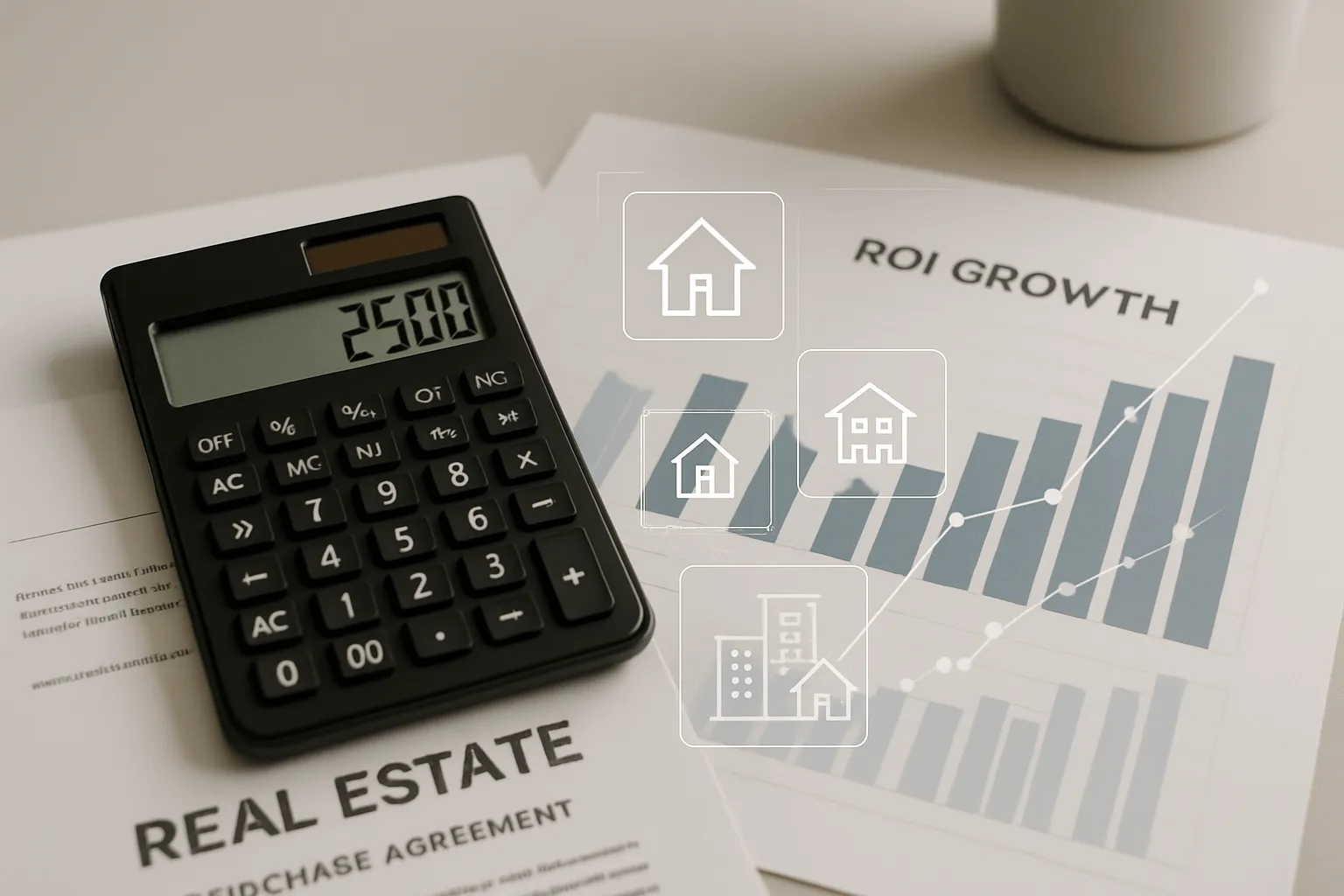 Ali Shariat | Real Estate Group | How to Analyze ROI on Real Estate Deals Using Simple Formulas A close-up shot featuring a financial calculator displaying "2500" atop real estate documents, next to a bar chart labeled "ROI Growth." Overlay icons of different property types enhance the theme of analyzing returns across multiple real estate investment options.
