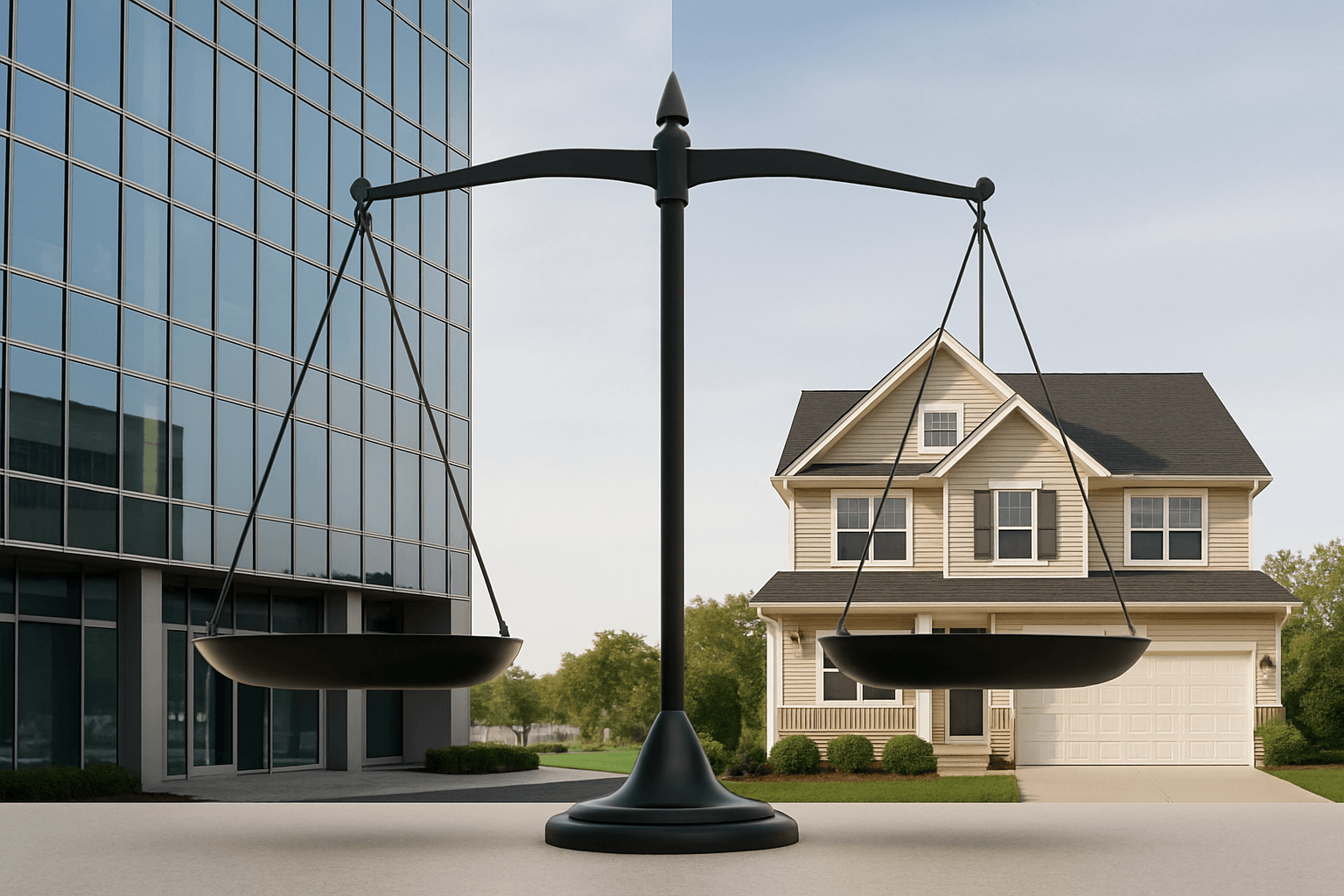 A symbolic black balance scale stands between a modern glass office tower and a traditional suburban home, visually representing the decision-making process between investing in commercial or residential properties. The contrasting architecture emphasizes the pros and cons of each investment type.