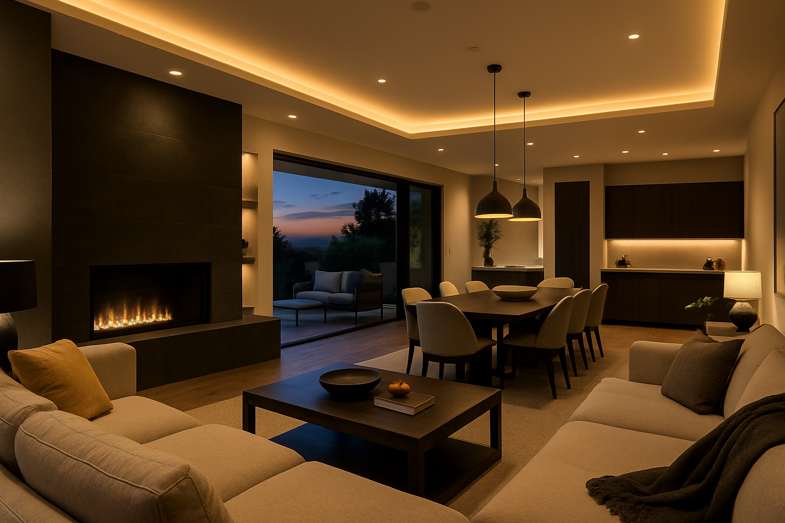 Interior of a contemporary California home at twilight.