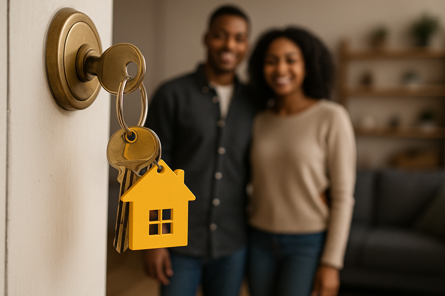 Keys in a door with a couple smiling in the background.