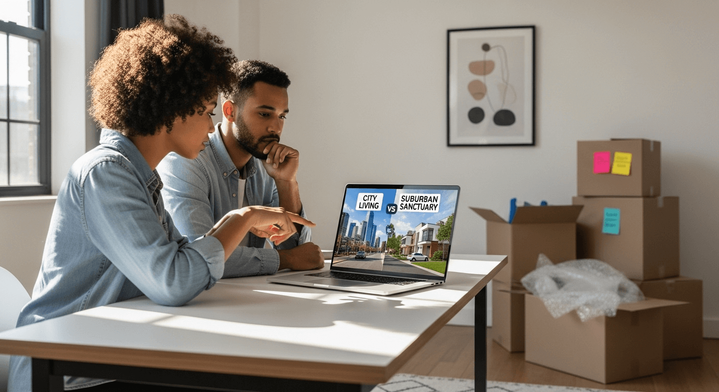 Couple comparing city living versus suburban homes on laptop