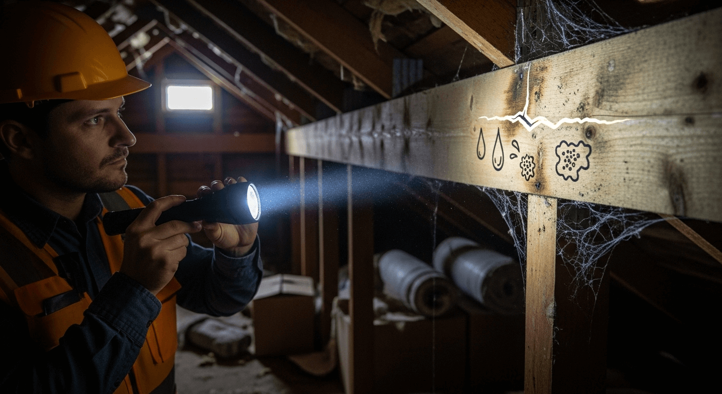 Home inspector with flashlight checks attic for damage and mold