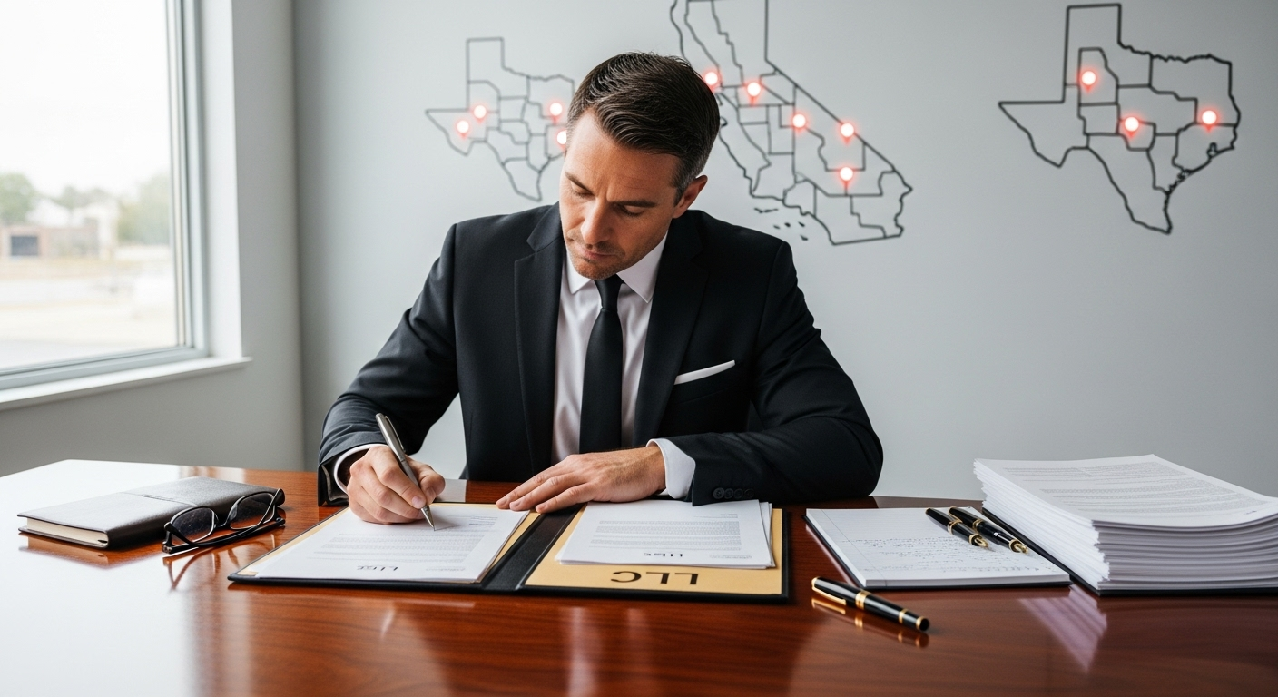 Businessman signing LLC real estate documents in a modern office