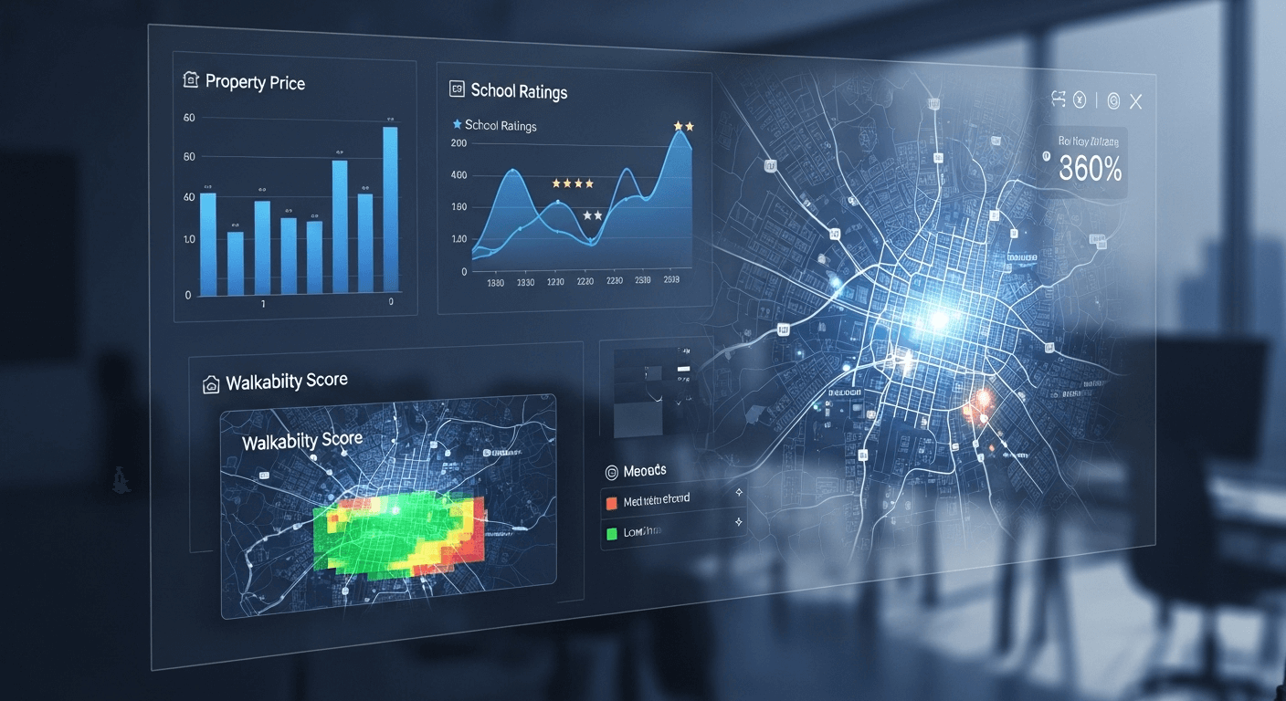 Digital property market dashboard showing prices, ratings, and walkability