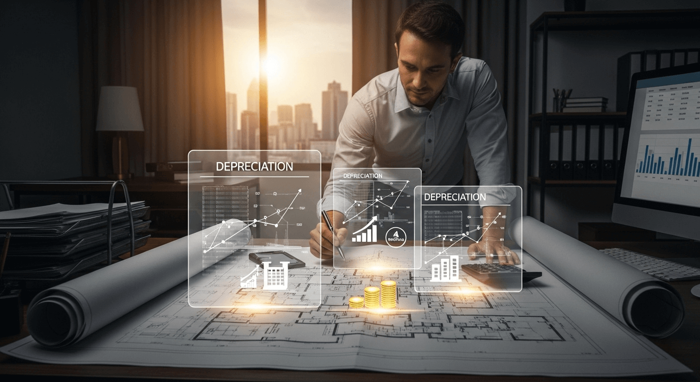 Man analyzing real estate depreciation charts on architectural plans
