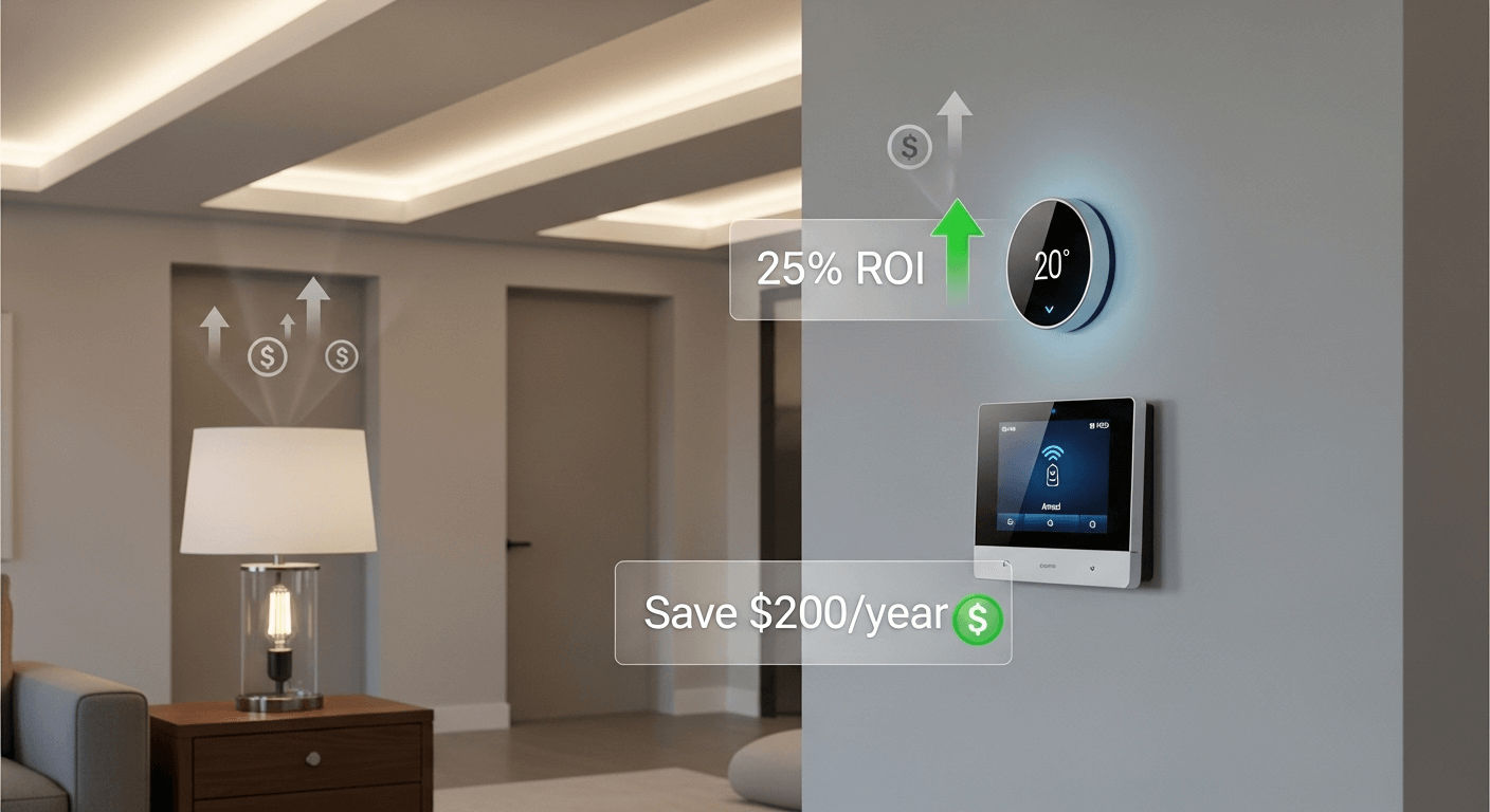 Smart thermostat investment showing ROI and annual savings in living room