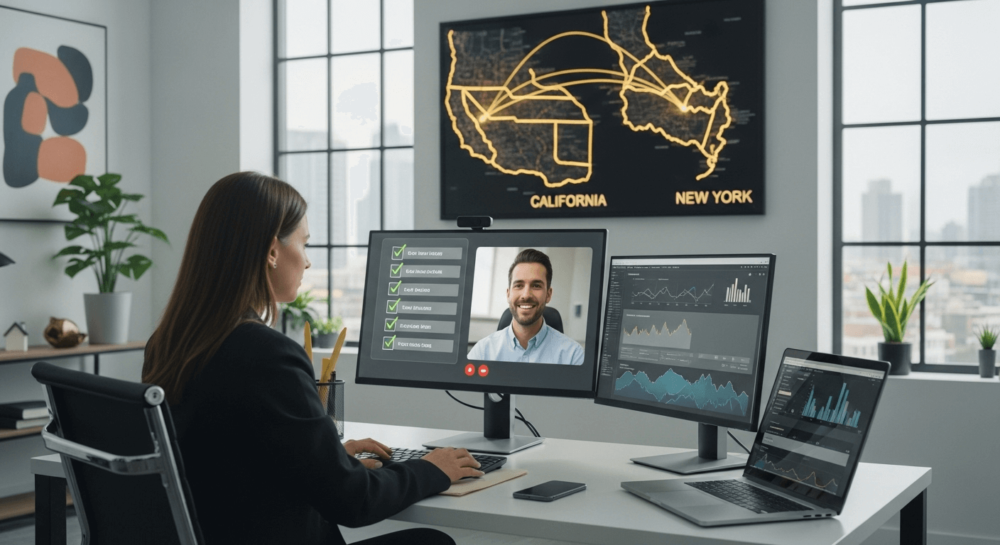 Remote real estate professional analyzing market data on video call