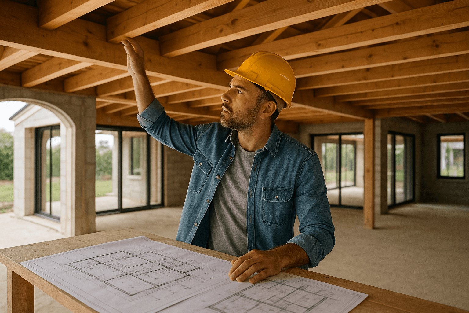 Architect in hard hat reviewing blueprints inside a house under construction.
