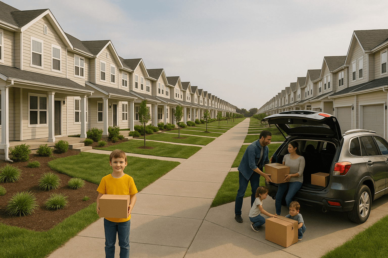 Family with kids unloading boxes outside their new suburban home.