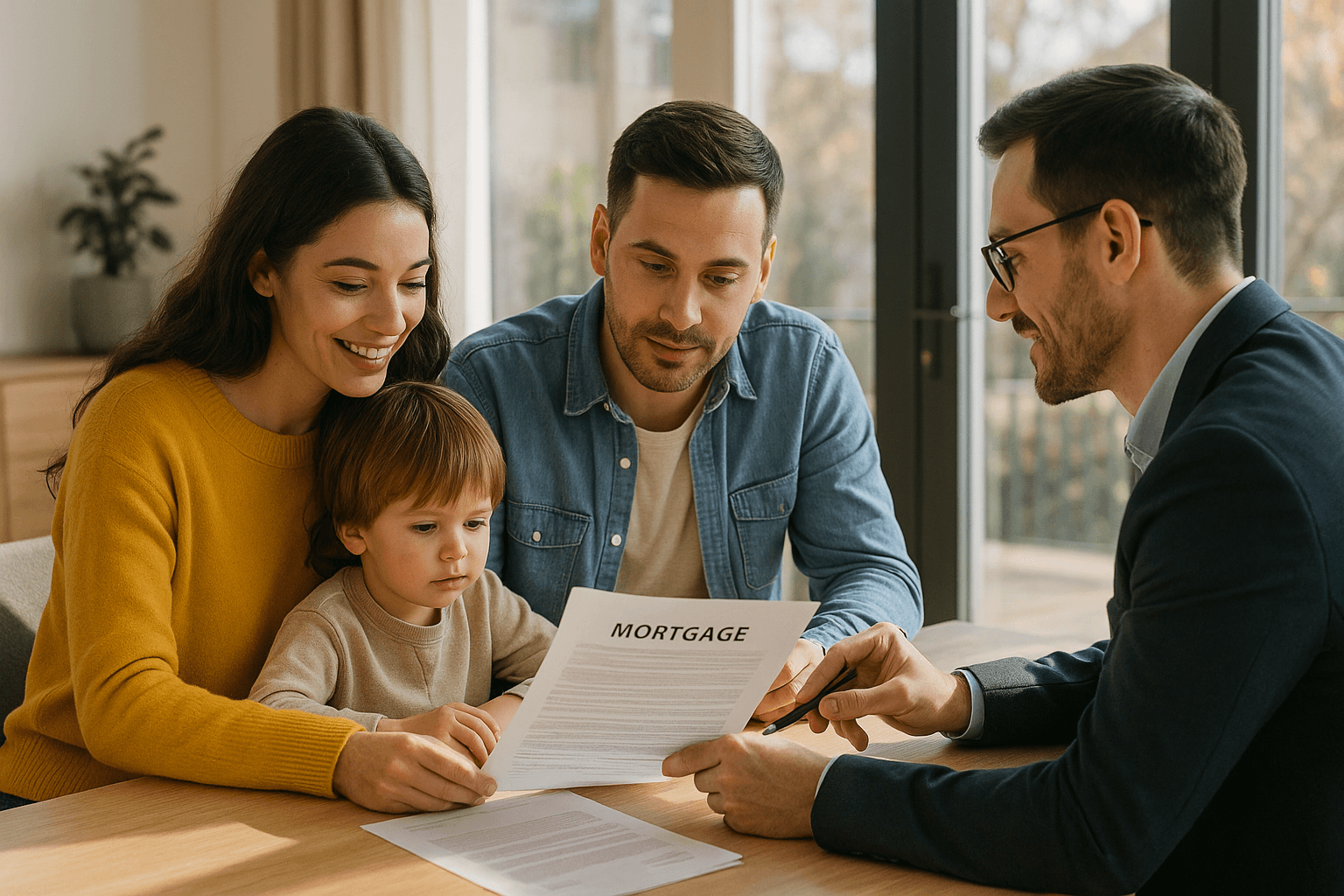 Happy family with child reviewing mortgage agreement with financial advisor.