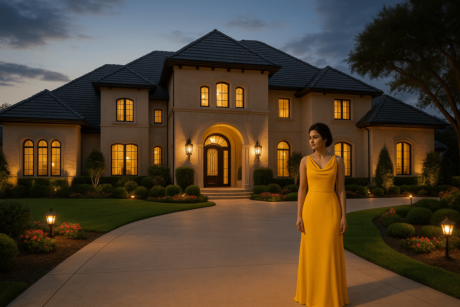 Elegant woman in a yellow dress standing in front of a luxury house lit up at dusk.