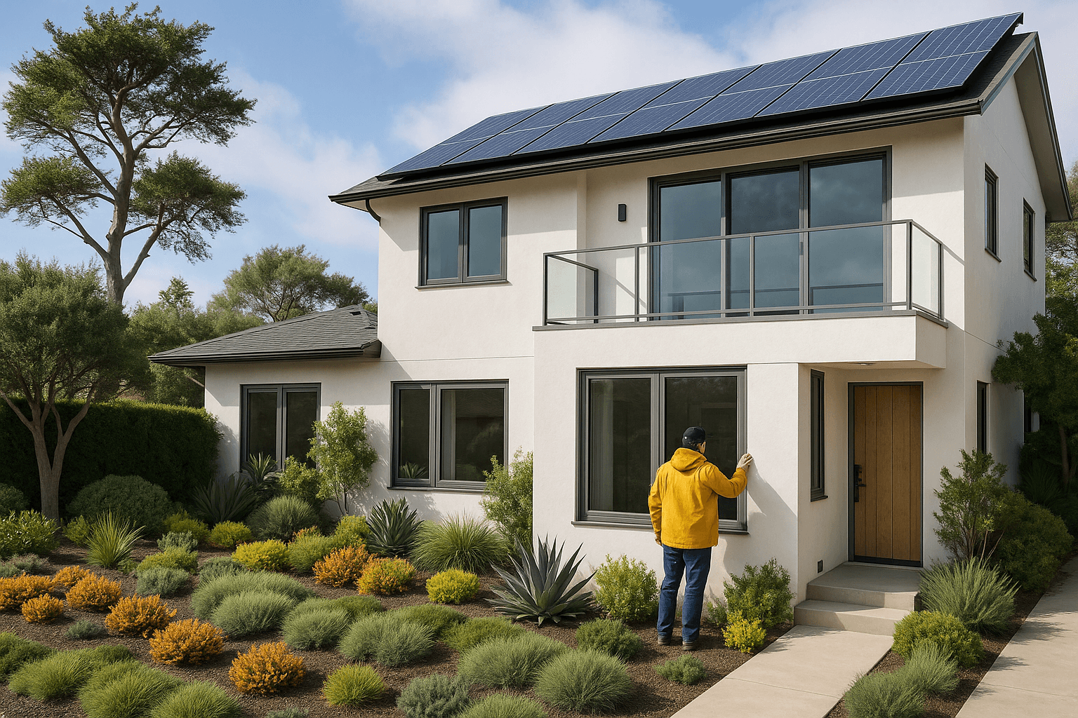 Man in yellow jacket standing outside a modern house with solar panels.