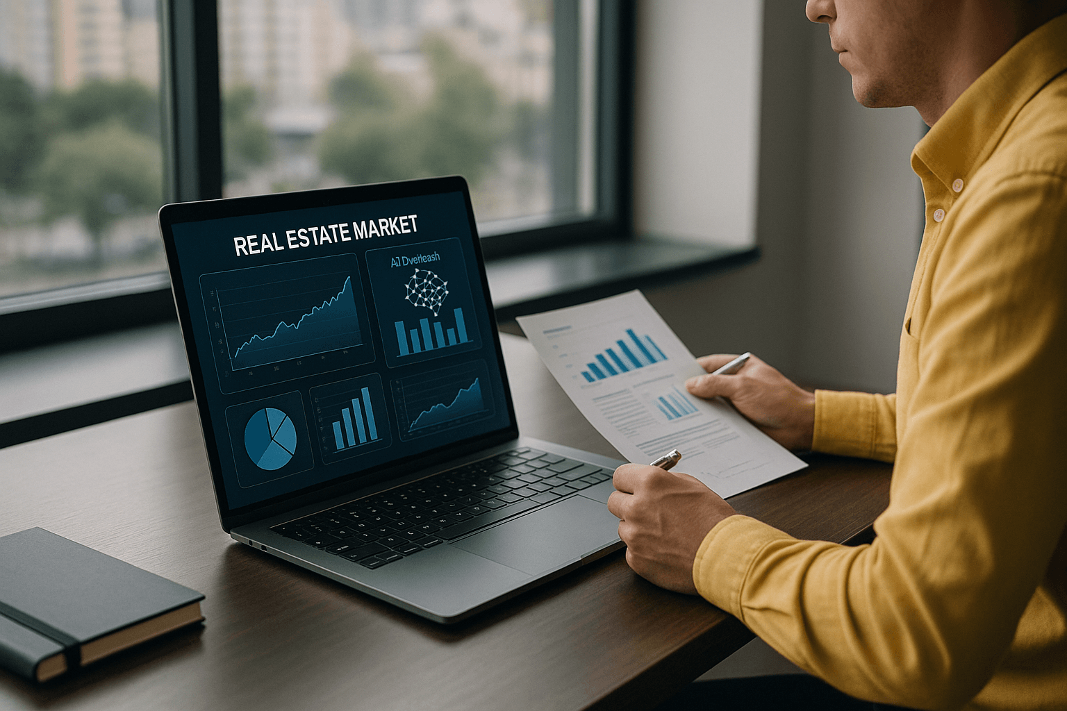 Person reviewing real estate market charts and graphs on a laptop and printed report.