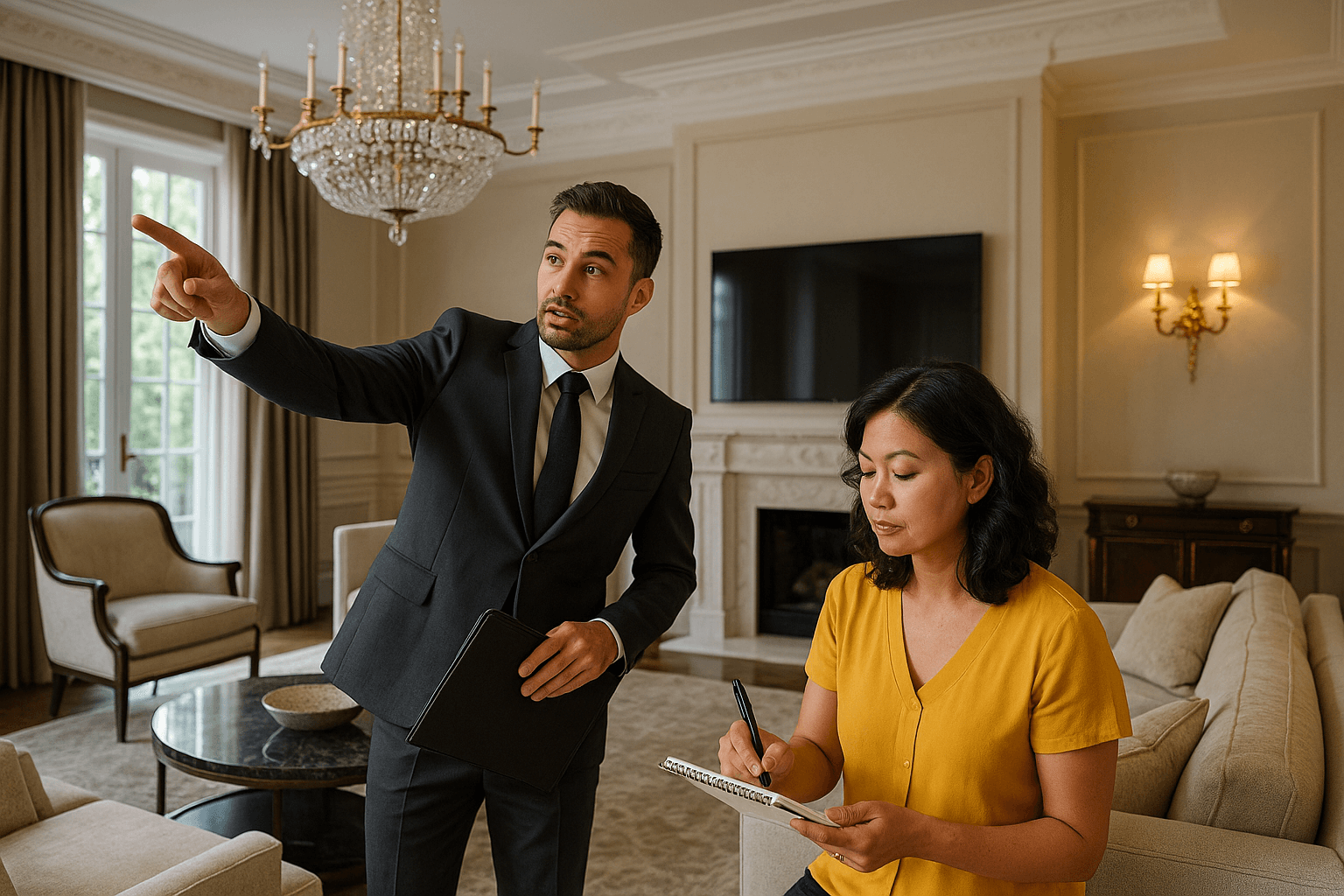 Realtor in suit presenting a luxury living room to a client taking notes.