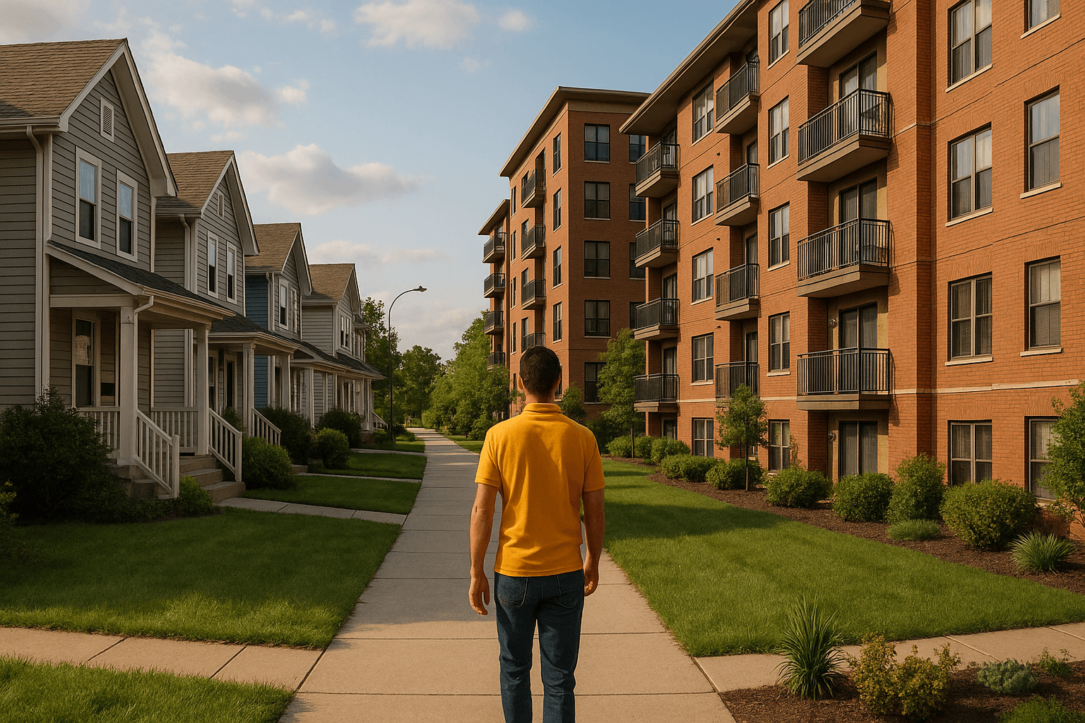 Man in yellow shirt walking between suburban houses and modern apartment buildings.