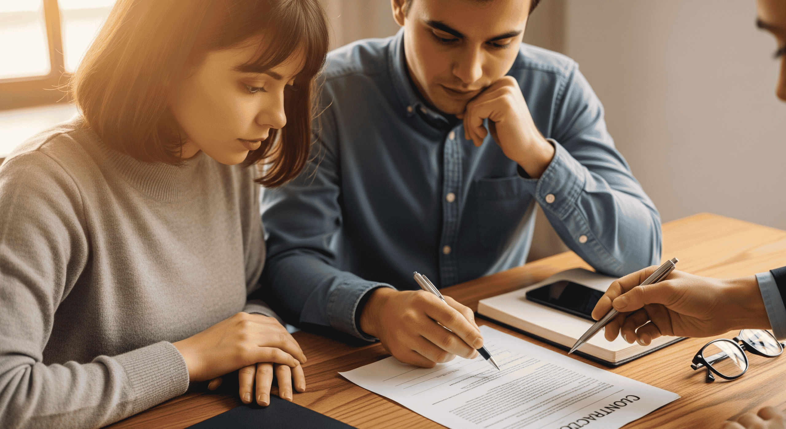 Couple reviewing and signing a contract with a professional advisor.