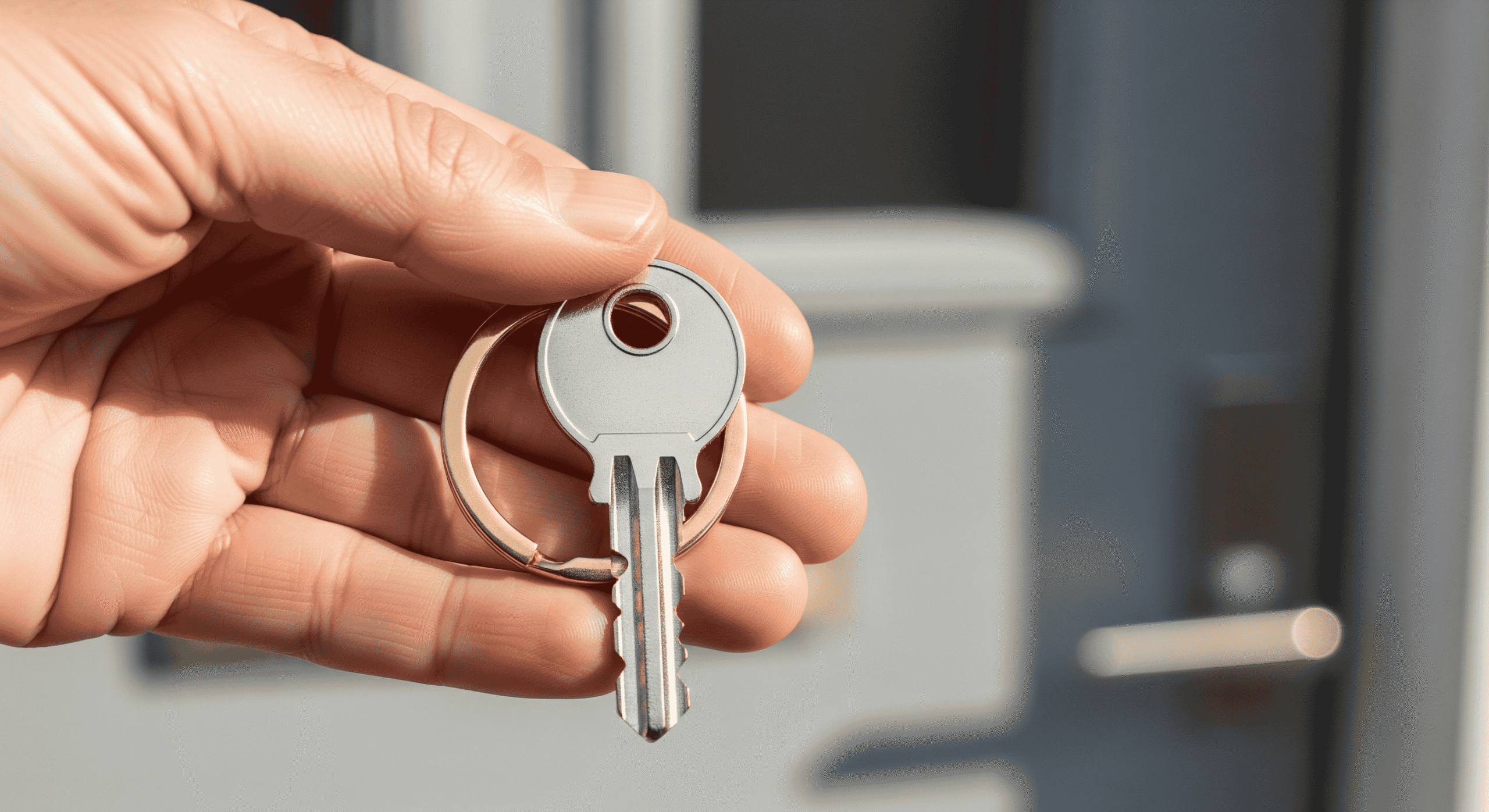 Hand holding a house key in front of a door lock.