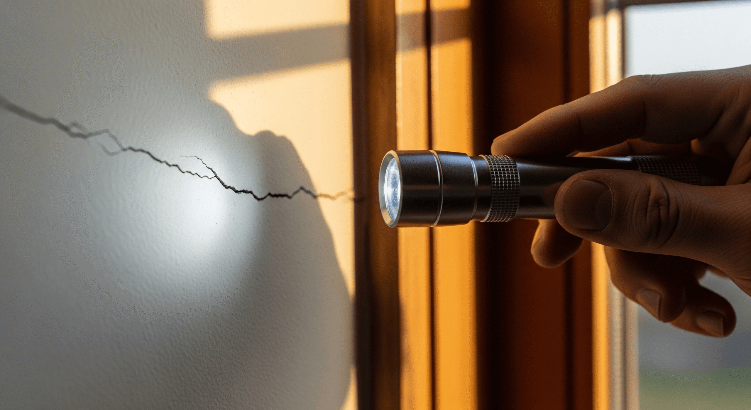 Inspector using a flashlight to check a crack on a wall.
