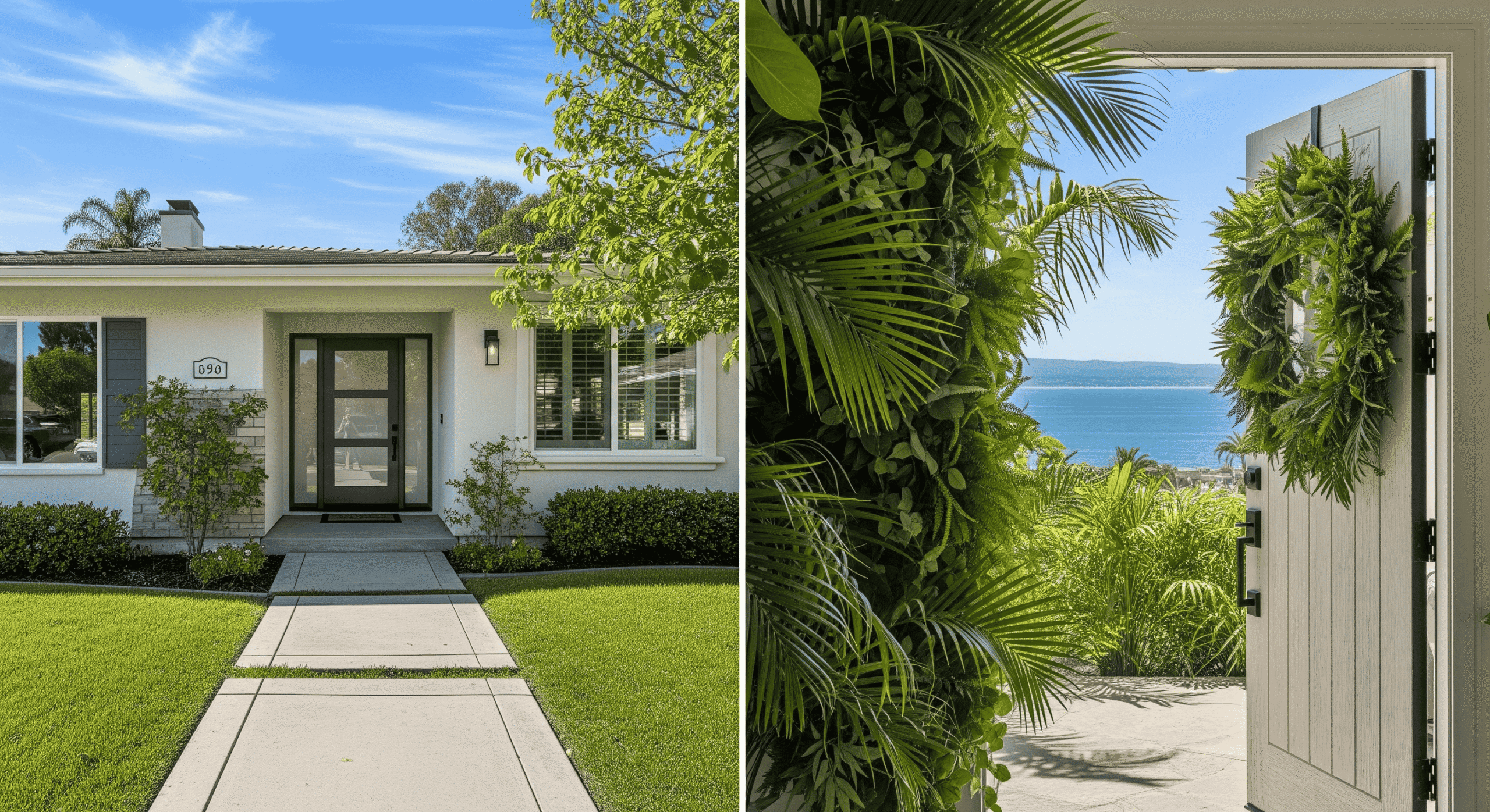 Front view of a modern home and open door leading to a scenic ocean view.