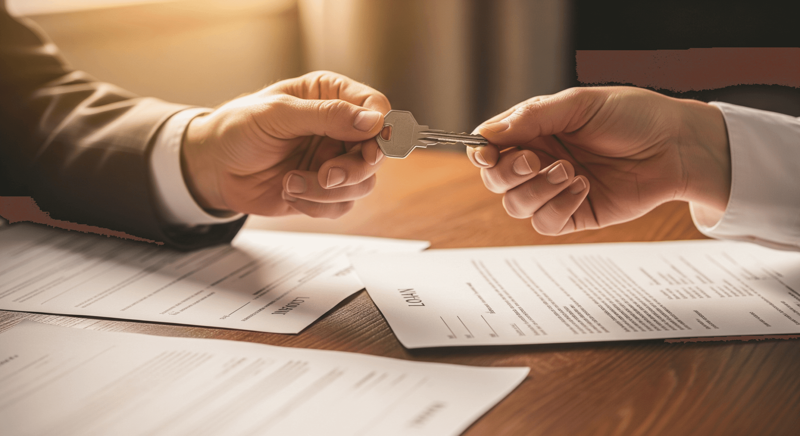 Two people exchanging a house key over signed loan documents.