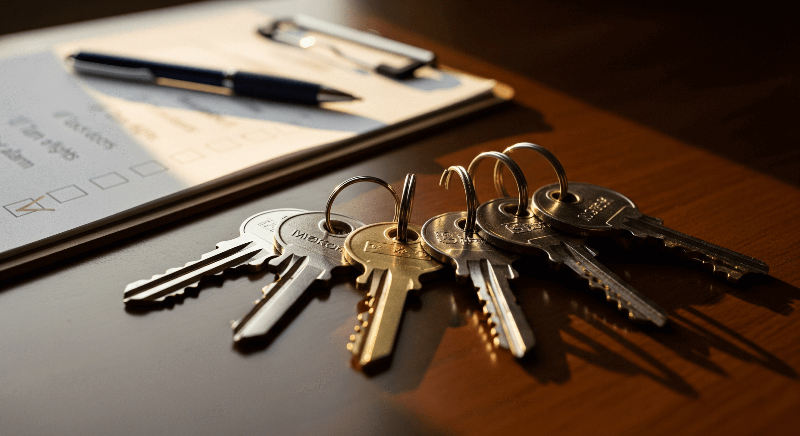 Set of house keys placed on a desk next to a property checklist.