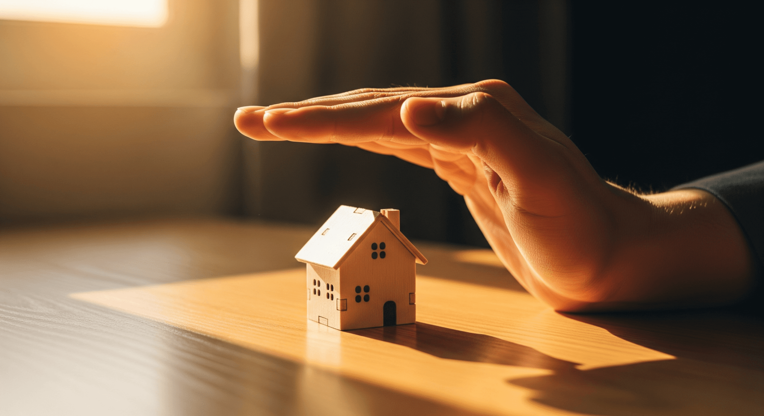 Hand covering a miniature wooden house under warm sunlight.