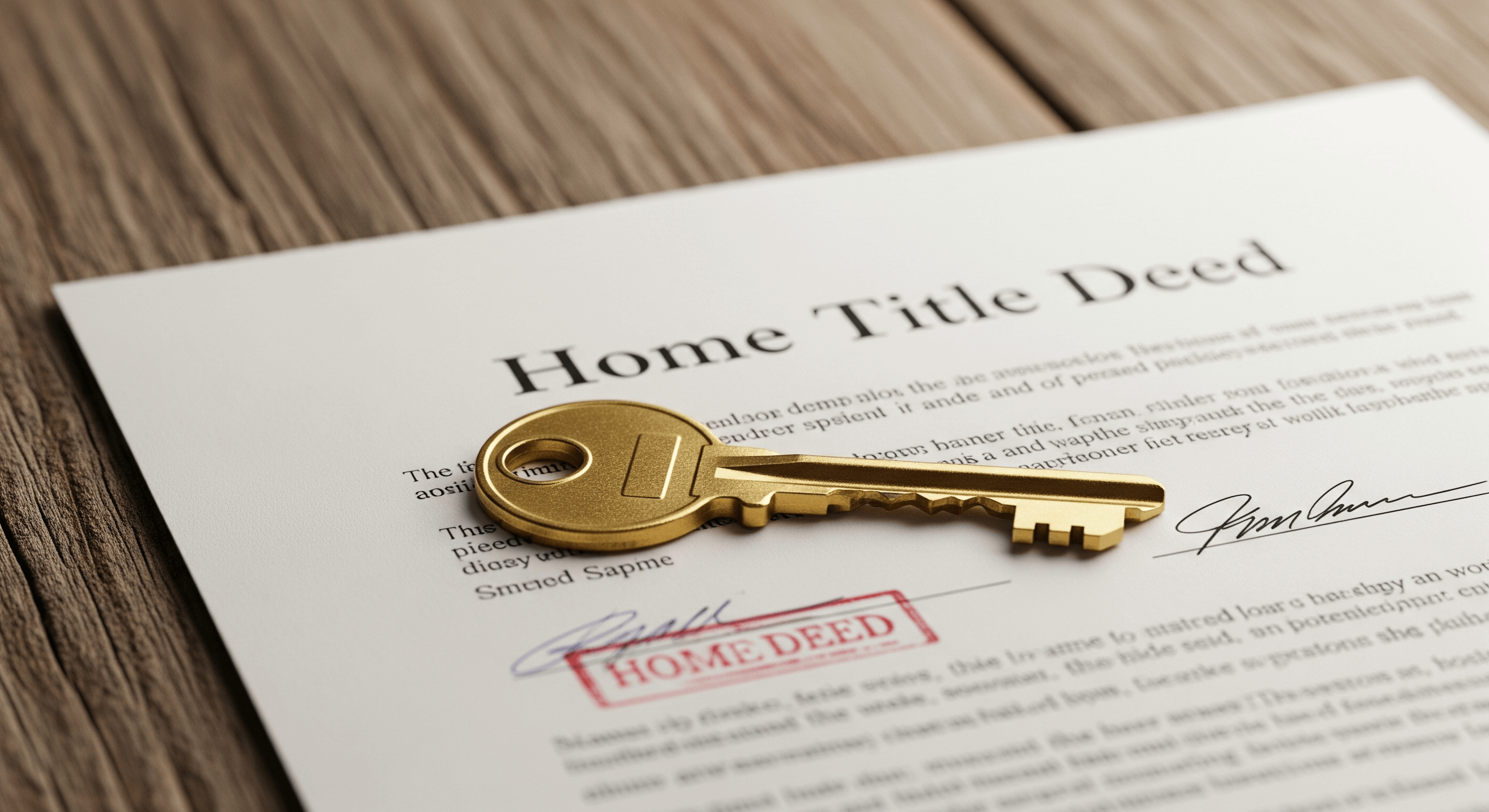 Golden key placed on a home title deed document.