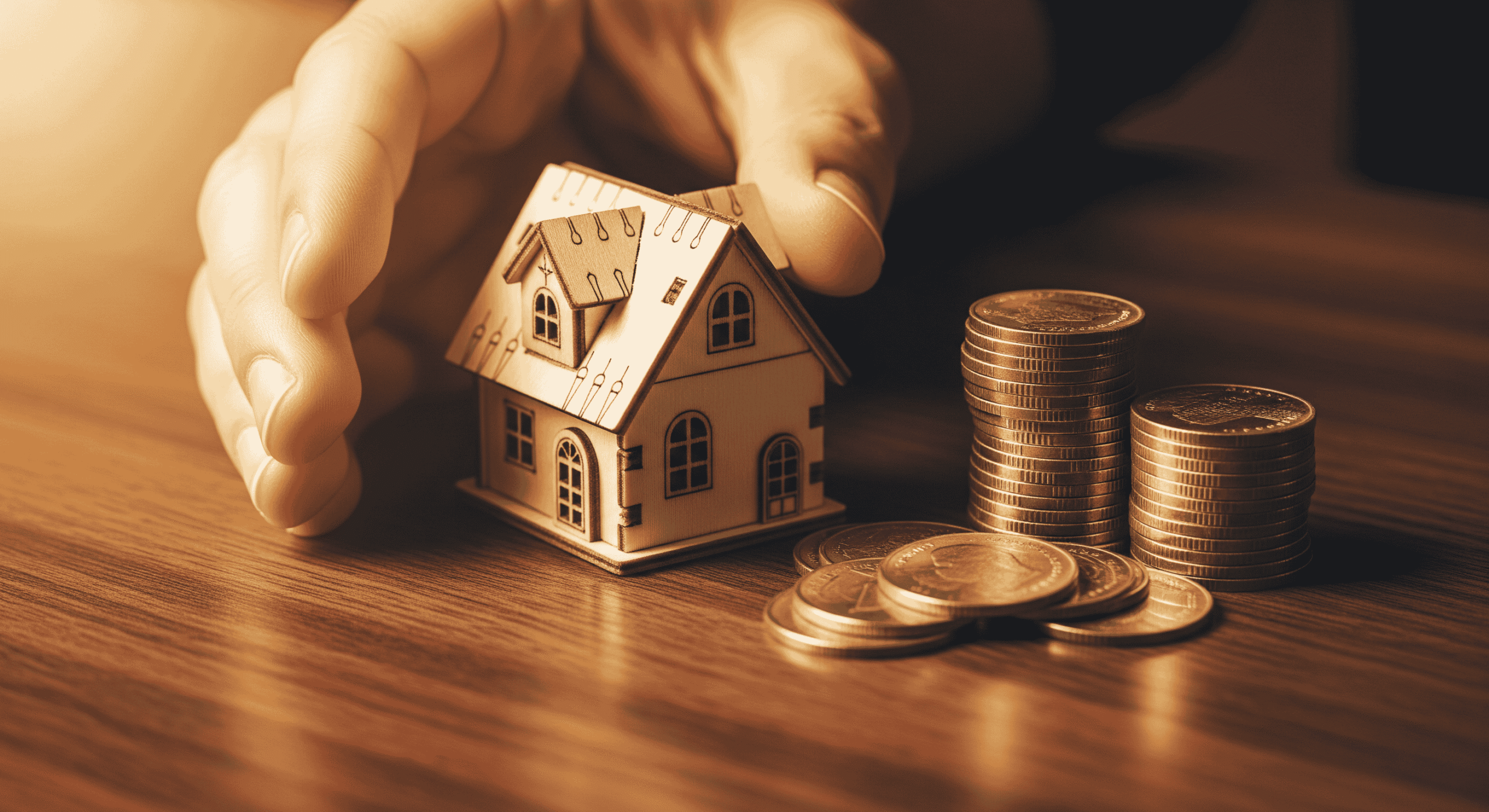 Hand protecting a miniature house model with stacks of coins beside it.