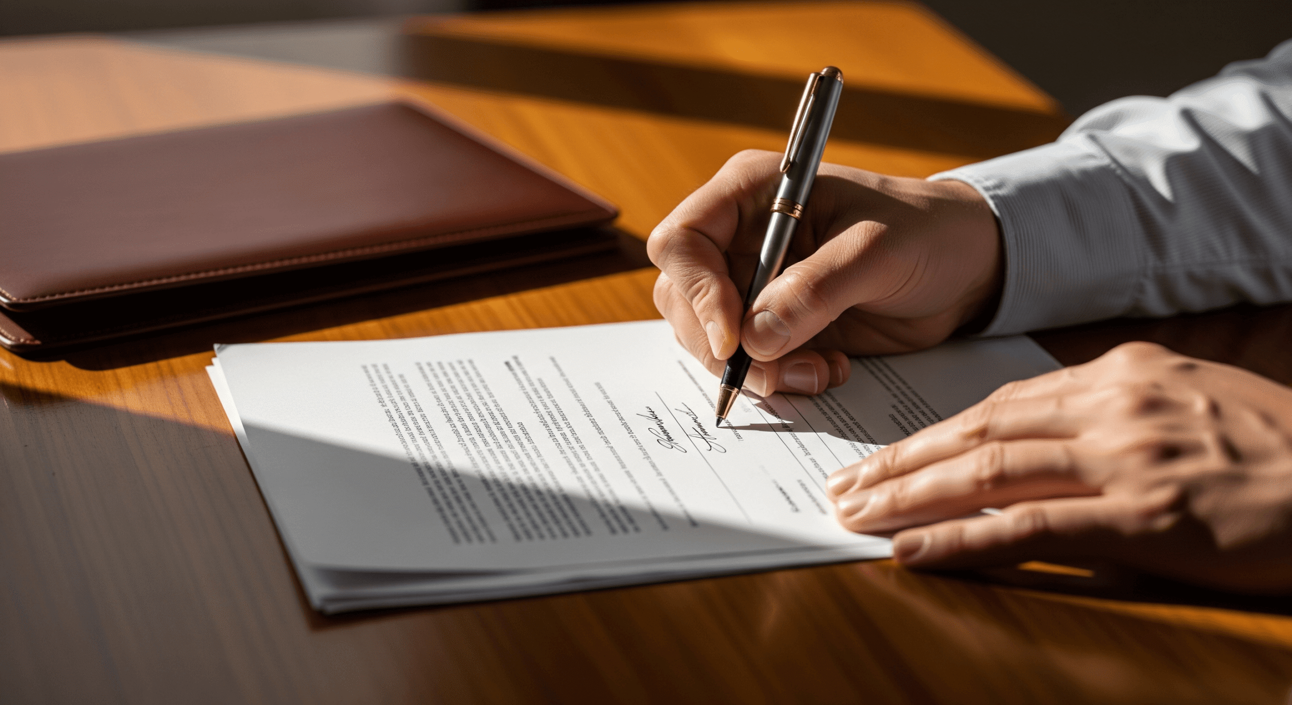 Person signing a legal contract at a wooden desk with a pen and documents.