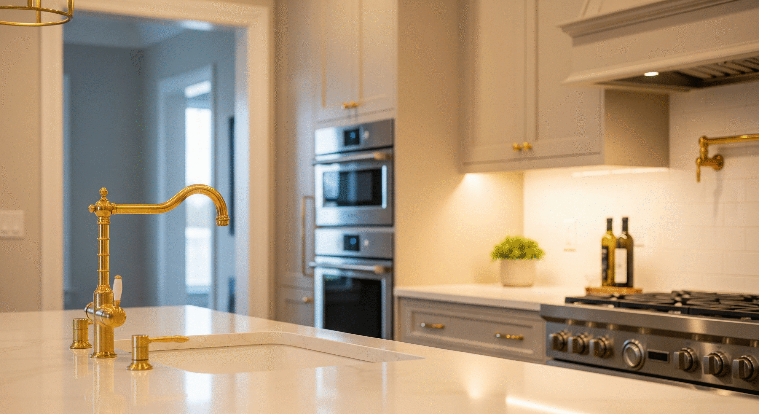 Front exterior of a traditional luxury home illuminated in the evening.