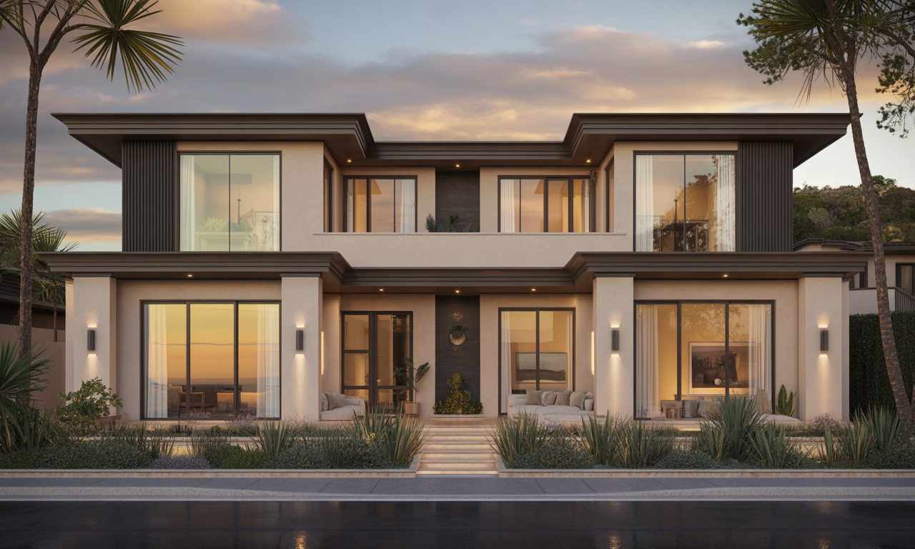 Exterior of a modern luxury two-story home at sunset.