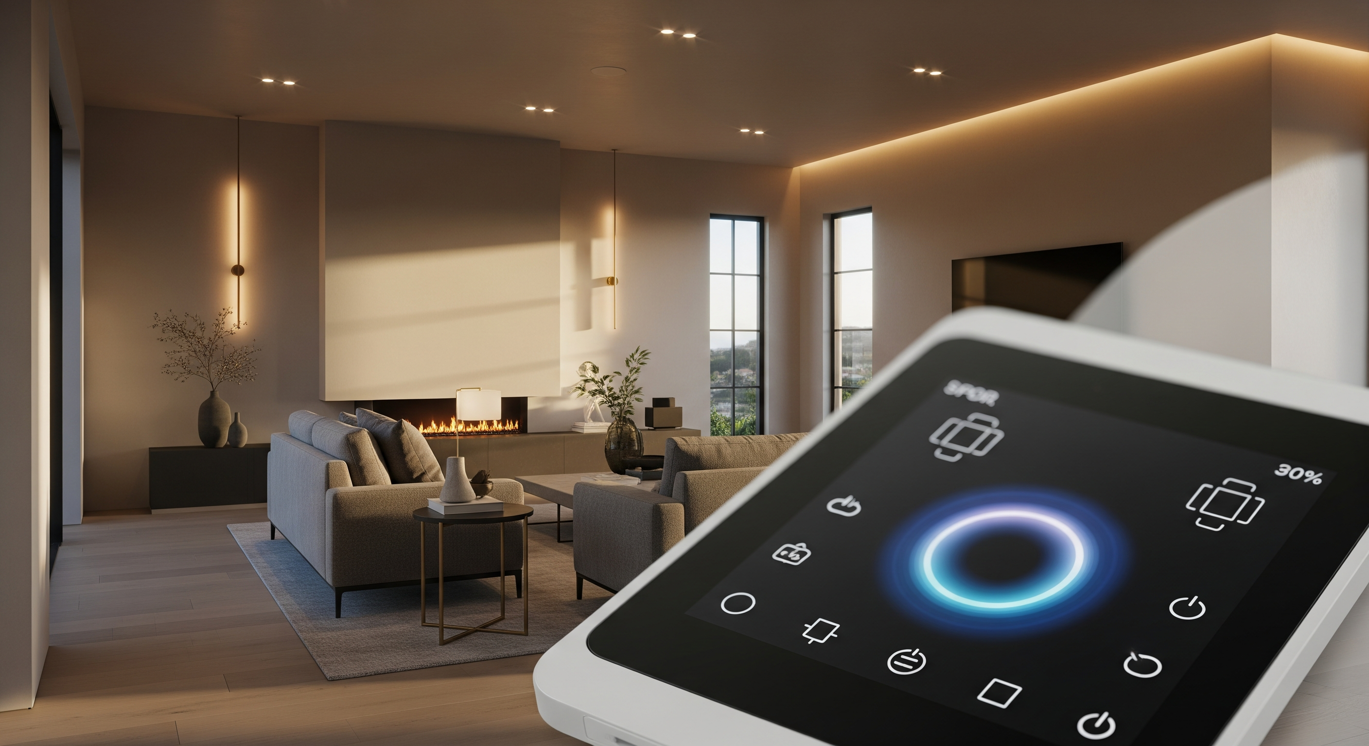 Modern luxury living room with integrated smart home control panel.