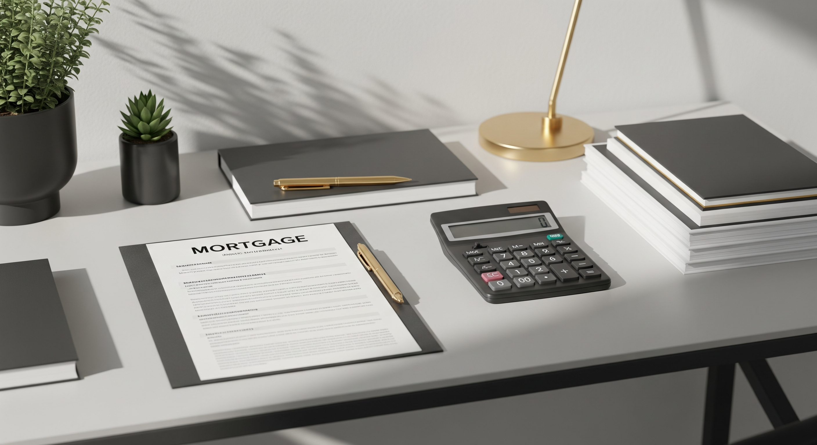 Mortgage documents placed on a clean modern desk with a calculator and office accessories.