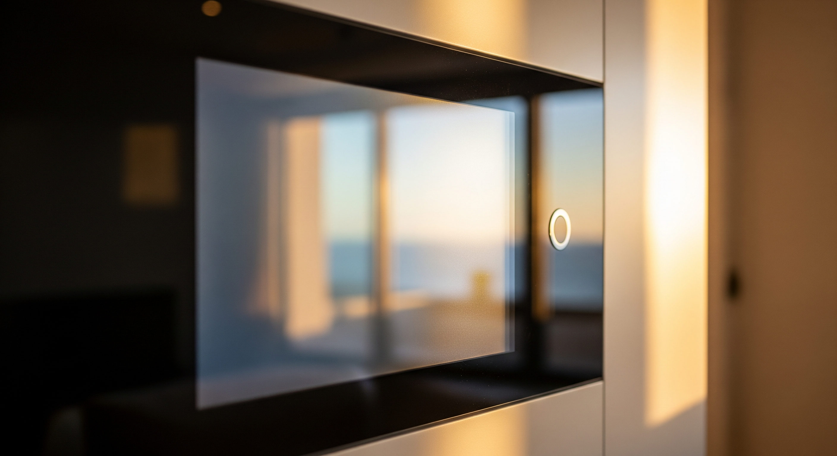 Close-up of a smart home touchscreen panel reflecting warm natural light.