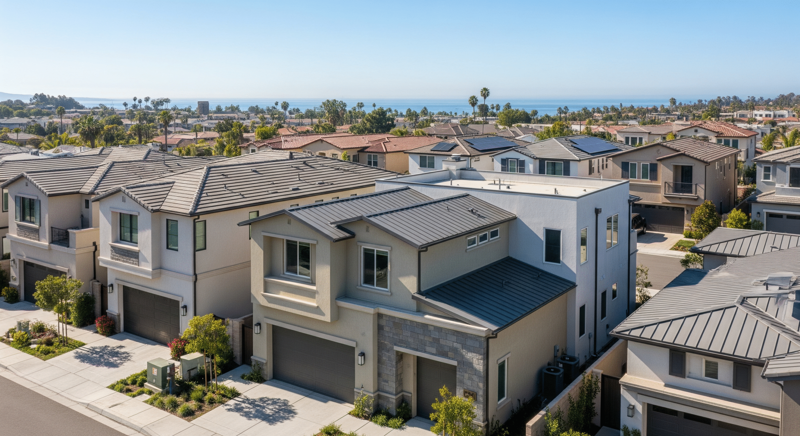 Aerial view of a modern suburban neighborhood near the coast.