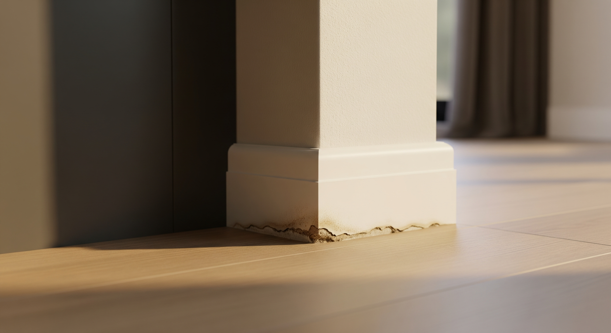 Moisture damage visible at the base of a residential home foundation