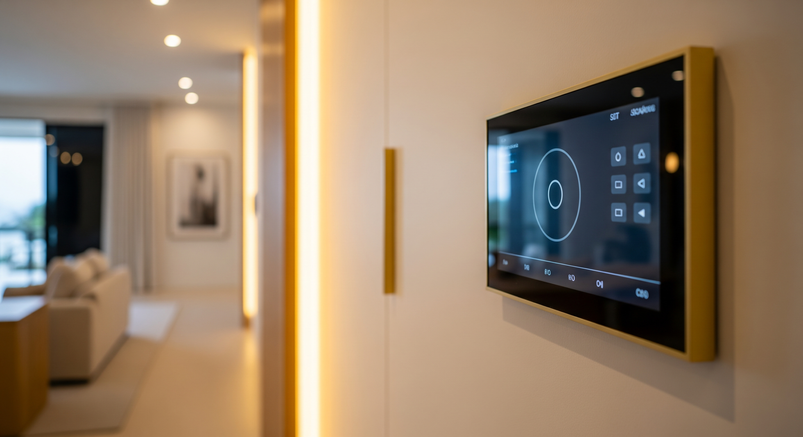 Wall-mounted home display inside a modern residential interior