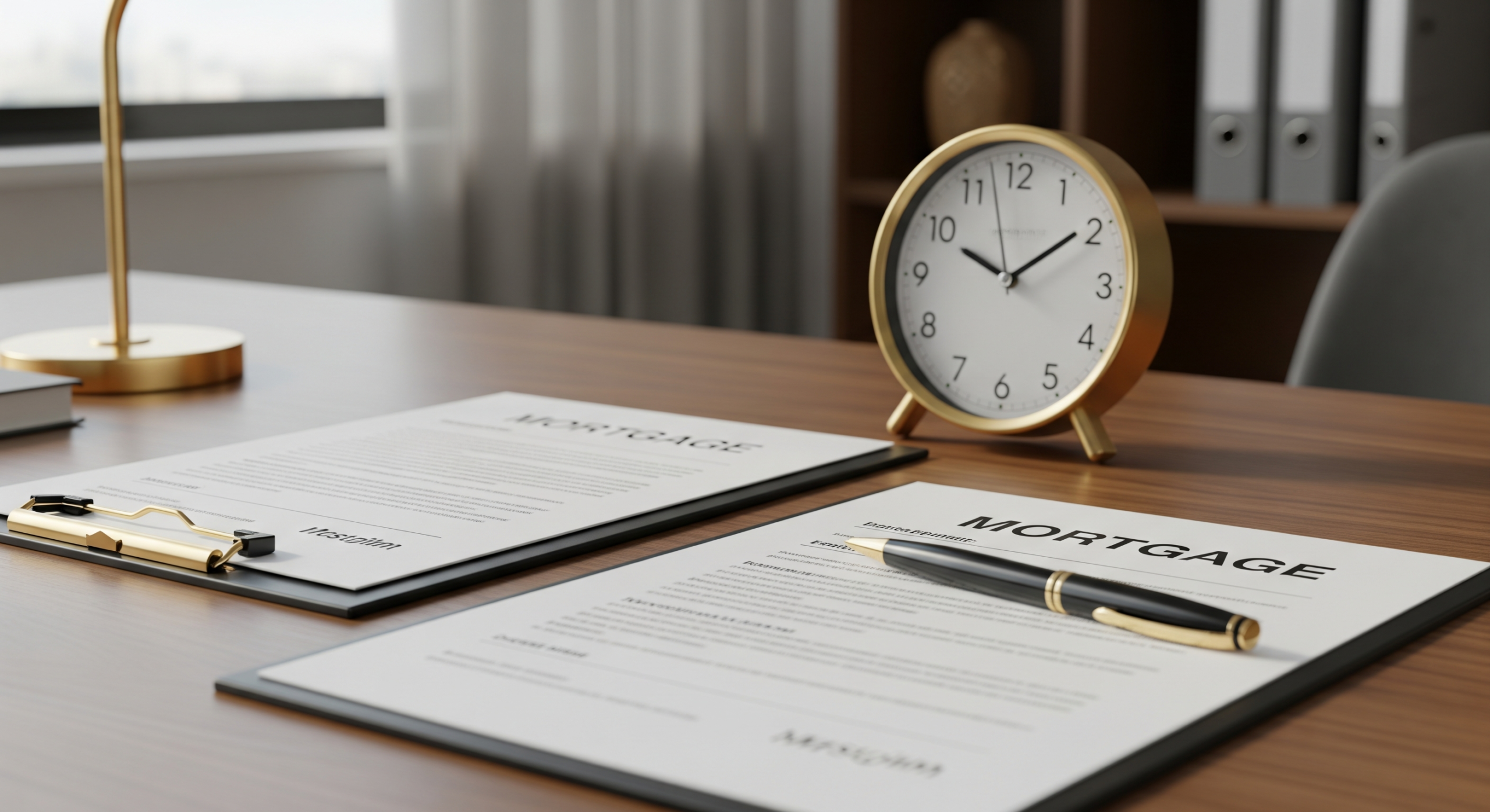 Mortgage financing documents arranged on a desk