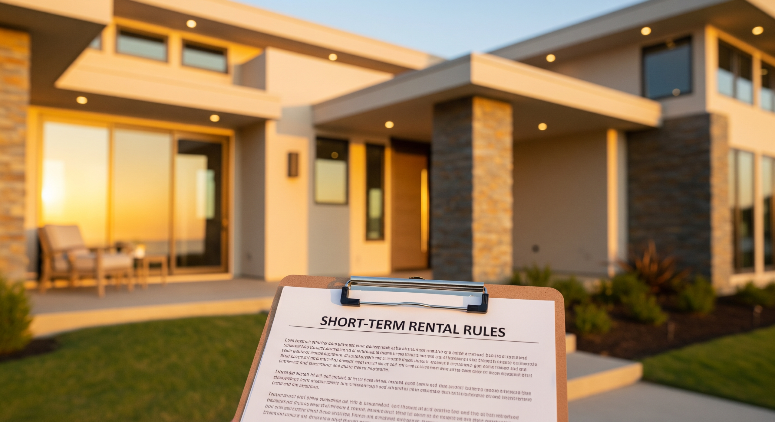 Short-term rental rules document placed in front of a modern home