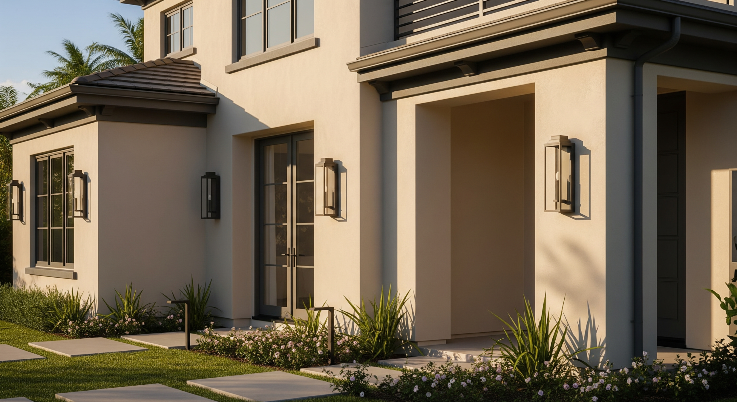 Luxury home entryway with modern lighting and landscaping.
