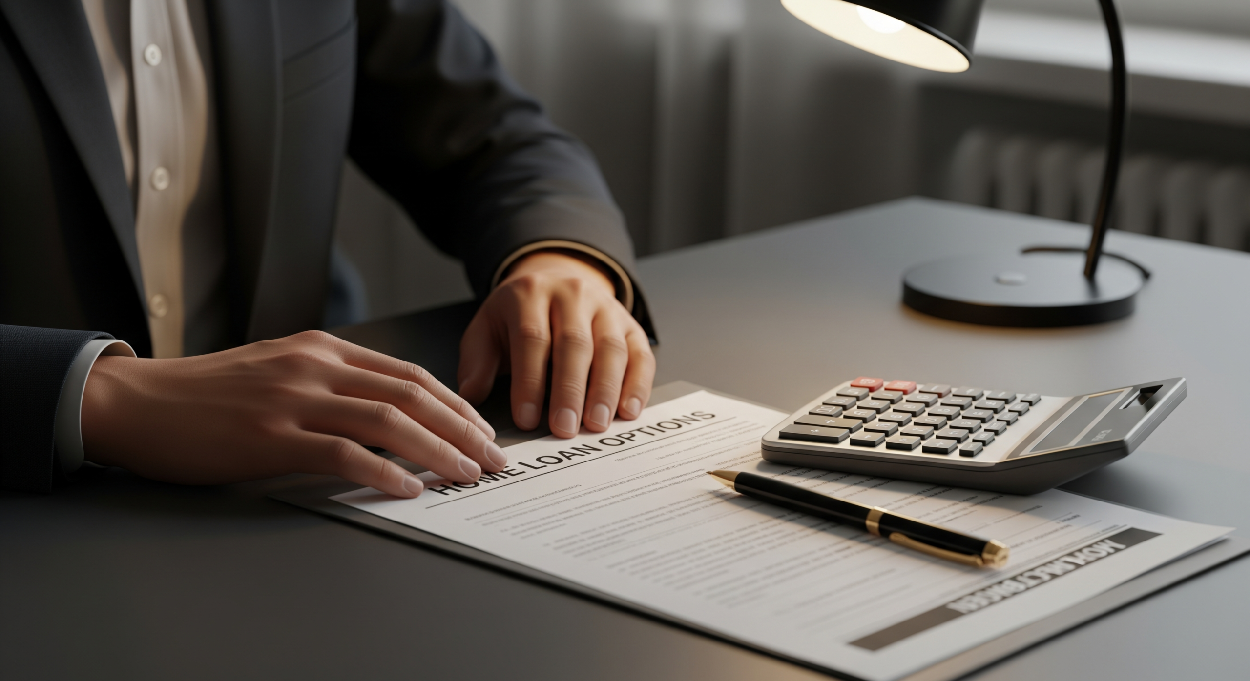 Home loan options document with calculator on a desk.