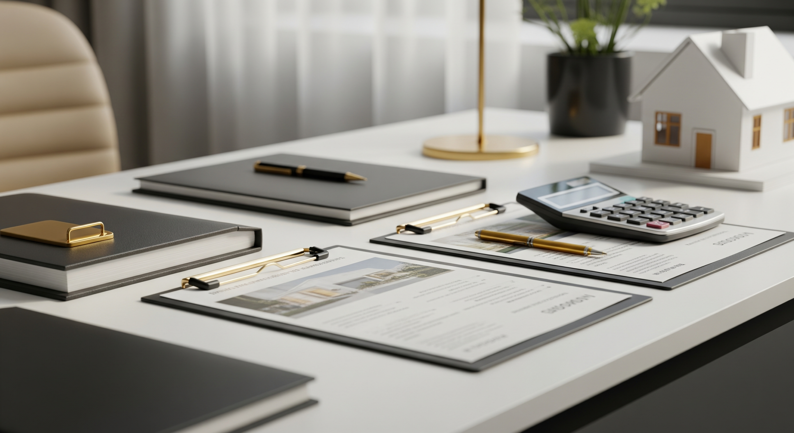 Real estate investment documents and calculator on a professional desk.